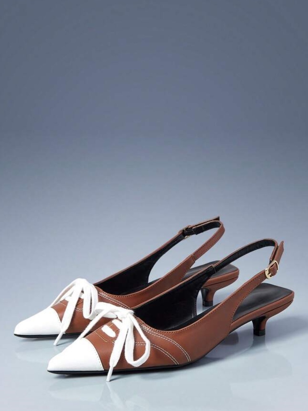 Brown and White Pointed Slingback Kitten Heel Pumps